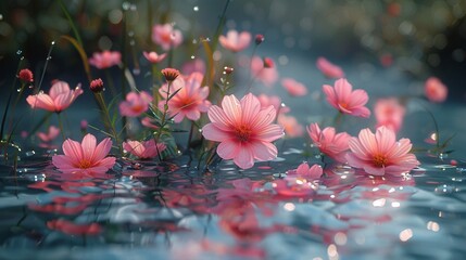 Wall Mural - Big flowers, rich colors on the water surface, small flowers and grass on the water surface