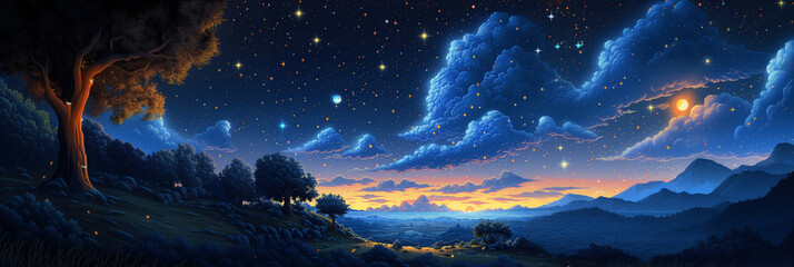 Wall Mural - starry night sky background,pixel art,16-bit style