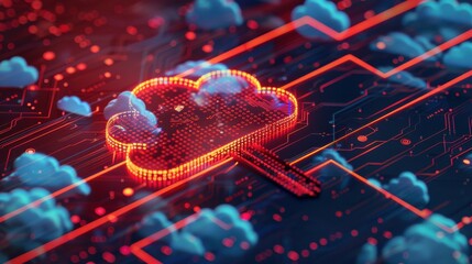 Wall Mural - Cloud storage icon, red firewall illustration, padlock, top view, showcases firewall protection, cybernetic tone, analogous color scheme