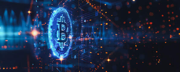 Digital bitcoin symbol in a futuristic cyber landscape