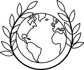 Wall Mural - earth globe with green leaves line art style vector illustration, earth day, environment day illustration