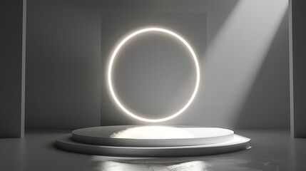 Wall Mural - Podium background 3D light tech stage future platform game abstract. Podium 3D background technology room product circle glow effect portal stand studio scene white design ring modern display space