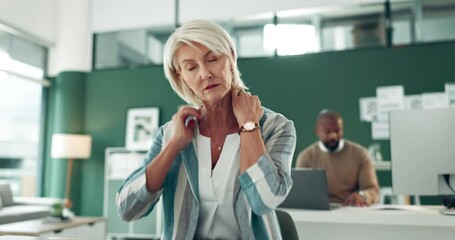 Wall Mural - Mature woman, tablet and stress with neck injury, pain or ache in depression, anxiety or burnout at office. Frustrated or tired female person or overworked employee with migraine on technology