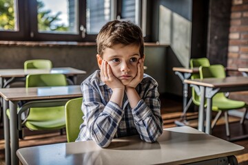 Wall Mural - Young Boy Sitting Alone With Hands on Cheeks in a Classroom During School Hours