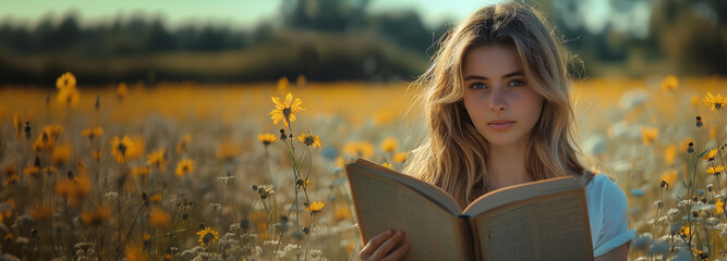portrait of woman reading a book in a field; blond girl enjoying time outside in the meadow; student studying outside in the nature; copy space for text