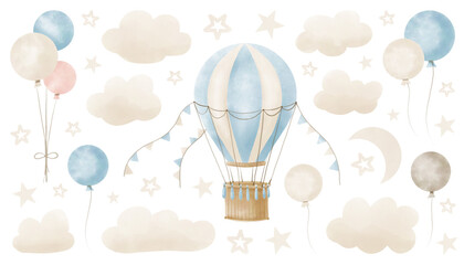 watercolor hot air balloon with garlands, clouds and stars. hand drawn baby illustration of vintage 