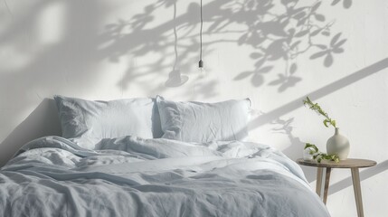 Wall Mural - There is a bed with tree leaves shadow white blank wall background