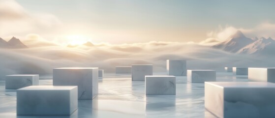 Serene icy landscape with floating ice blocks, mountains in the background, and soft sunlight breaking through the clouds.