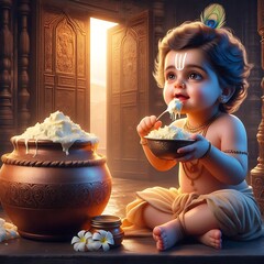 Wall Mural - Shree Krishna for Janmashtami, Makhan Chor, Bal Krishna, Cute