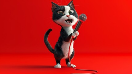 Wall Mural - A cute cat is standing on a red background and singing into a microphone. The cat has its eyes closed and is smiling.