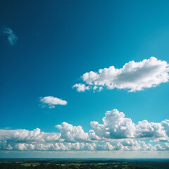 View of a blue sky with clouds over a green field. One of a kind landscape. Nature, climate change concepts.