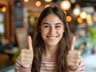 Confident Young Woman Displaying Pride and Achievement with Thumbs Up Gesture