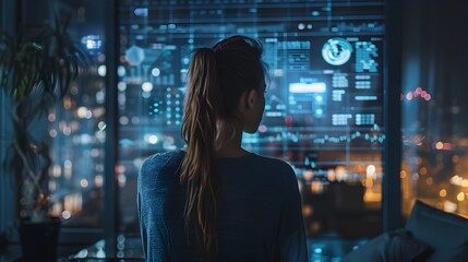 Wall Mural - Skilled female hacker tapping into a corporate network from her modern apartment with holographic displays