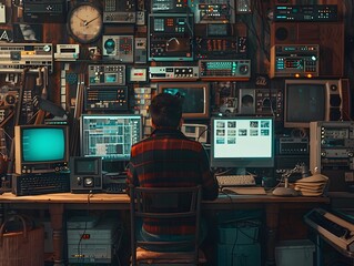 Wall Mural - Hacker s Vintage Inspired Workspace with Retro Tech and Modern Hacking Tools
