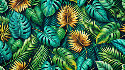 Wall Mural - Colorful tropical leaf pattern with various shapes and sizes of green and yellow leaves overlapping each other in a vibrant and dense arrangement.