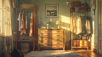 Dressing room interior with clothing rack and chest of drawers