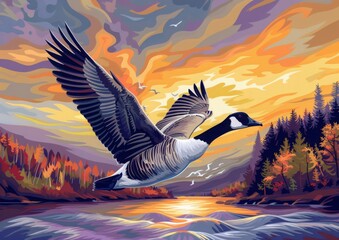 Wall Mural - a goose flying over a river