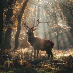 Poster - Majestic Deer Stands Amidst Misty Forest with Sunlight Filtering Through the Trees