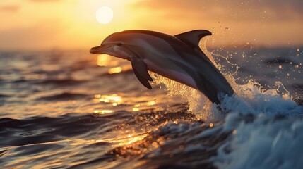 Wall Mural - Joyful Dolphin Leaping Through Sunset Lit Ocean Waves