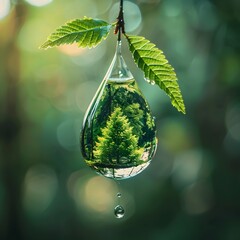 Wall Mural - Miniature Forest Reflected in a Hanging Water Droplet on a Leaf in a Magical Woodland