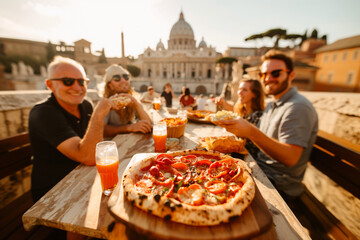  A travel photographer's dream - a rooftop dinner party in Rome in the warm glow of an autumn sunset. Friends connect over a table with fresh Italian food, with the breathtaking city as their backdrop