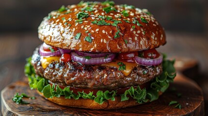 A mouthwatering close-up of a gourmet burger featuring fresh lettuce, tomato, red onion slices, and melted cheese within a sesame seed bun, showcasing a delicious meal ready to enjoy.