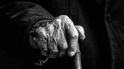 A gentle hand rests on a cane guiding its owner through a lifetime of wisdom and lessons learned. Black and white art