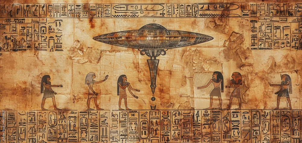 ancient-egyptian-hieroglyphs-depicting-ufo-encounter-stock-illustration