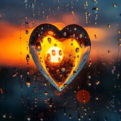 Canvas Print - Romantic Water Droplets Forming Heart Shape on Window with Colorful Sunset in Background