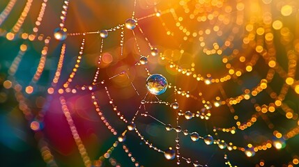 Wall Mural - Mesmerizing Water Droplets Reflecting a Kaleidoscope of Colors on Spider Web in Sunlight