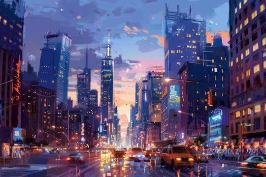 In the nighttime, a futuristic city skyline features vibrant lights, modern architecture, and dynamic energy AIG59