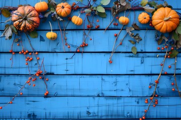 Vibrant Blue Wooden Background with Festive Pumpkins and Berries