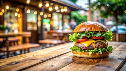 Wall Mural - layered sliced tasty juicy double cheese burger with fresh lettuce, tomatoes, onions, pickles and melted cheese stacked high, gourmet fast food, restaurant menus, food