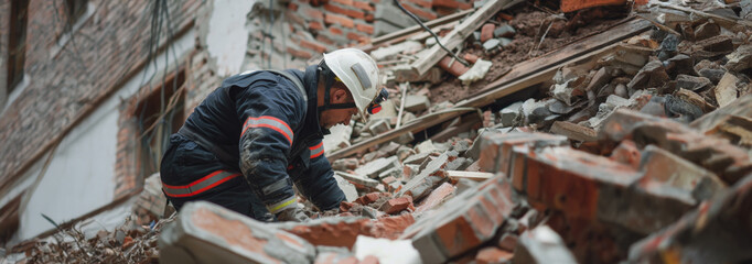 Rescue worker clearing rubble after building collapse