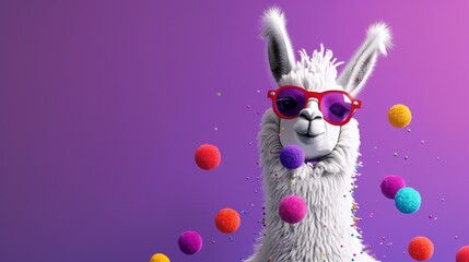 Wall Mural - A llama wearing red sunglasses is standing in front of a purple background. The llama is looking at the camera with a curious expression.