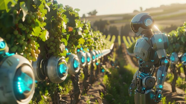 In a sprawling vineyard a group of 5Gconnected robots navigate the twisting rows of gvines meticulously pruning and caring for each plant to ensure a bountiful harvest.