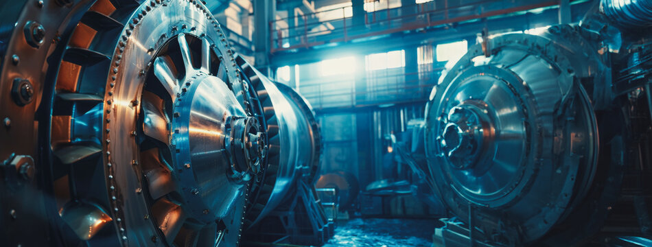Close-up of a large industrial turbine rotor in a factory setting