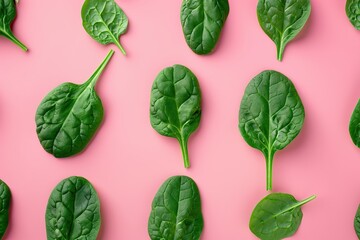 Spinach leaf on colored background. Spinach pattern, flatley, top view. Fresh juicy green healthy spinach leaves on pink backdrop. Arranged fresh natural food, design elements. Lots of greenery.