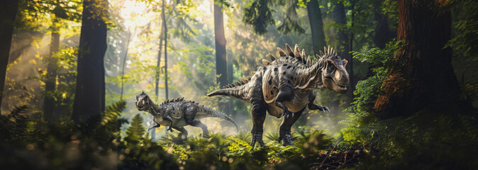 Two dinosaurs walking through a sunlit forest