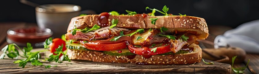 Fresh, delicious, homemade sandwich with grilled chicken, tomatoes, and lettuce on a wooden board, perfect for a tasty meal.