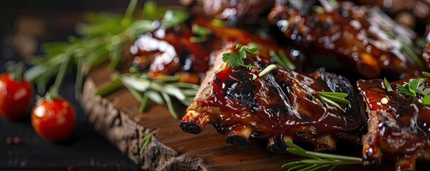 Wall Mural - Close-up of delicious grilled ribs garnished with rosemary and cherry tomatoes, showcasing a mouthwatering BBQ presentation.