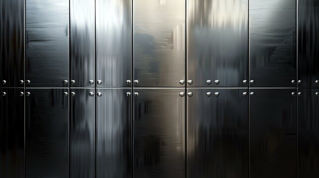 Dark metal wall panels with shiny rivets. The panels are reflecting light and have a brushed metal texture.