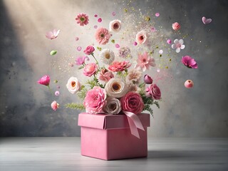 Pink gift box with various flowers on grey background. Flying flowers from the box. Valentines day aesthetic nature concept. 8 March card idea.