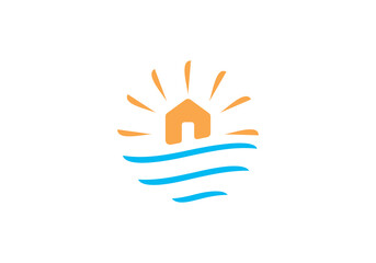 Sticker - water waves and home in the shape of circle abstract logo icon vector