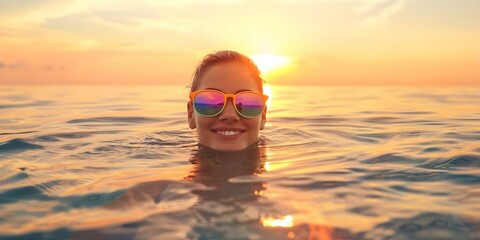 Canvas Print - Woman in rainbow sunglasses falls into calm ocean at sunset smiling. Concept Sunset Beach Photoshoot, Rainbow Sunglasses, Calm Ocean, Smiling Woman, Playful Poses