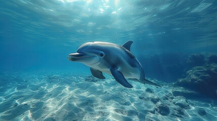 A mesmerizing underwater photograph featuring a lone dolphin gracefully swimming amidst crystal-clear waters, highlighting the serene beauty and elegance of marine life.