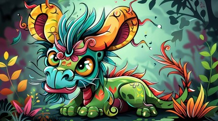 Wall Mural - Whimsical illustration of a mythical creature, vibrant colors, playful, fantasy art