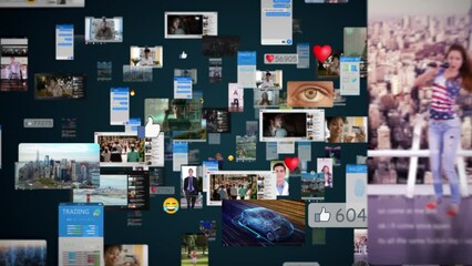  Future Technology Dynamic Array of Floating Digital Screens Displaying News, Social Media, and Lifestyle Content. Visualization of Messenger Apps, Dating Profiles, Entertainment Viral Videos. AR