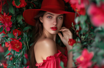 Wall Mural - A beautiful woman wearing a red hat and dress, standing in front of flowers, looking at the camera