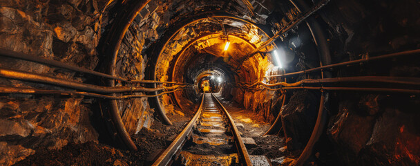 Underground gold mine tunnel with rail tracks and lighting